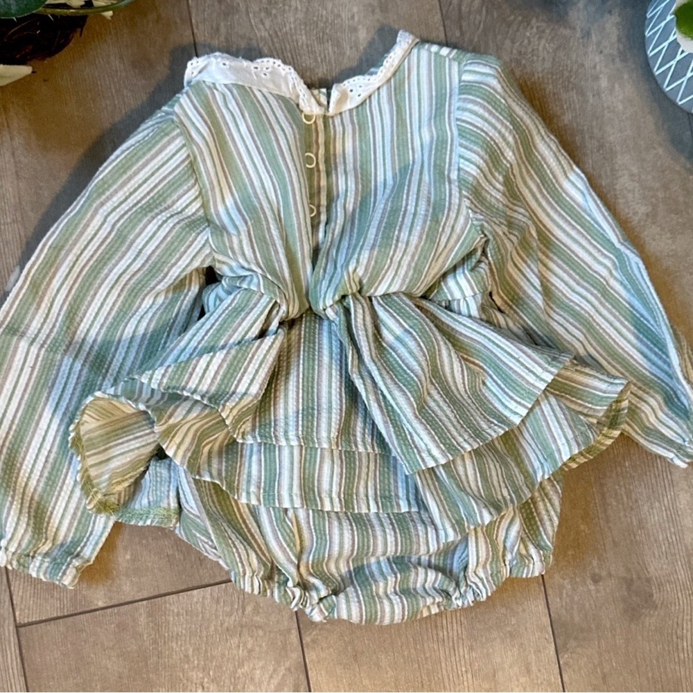 Nicole Miller Baby Toddler Girl Sage Green Striped Ruffle Bubble Romper